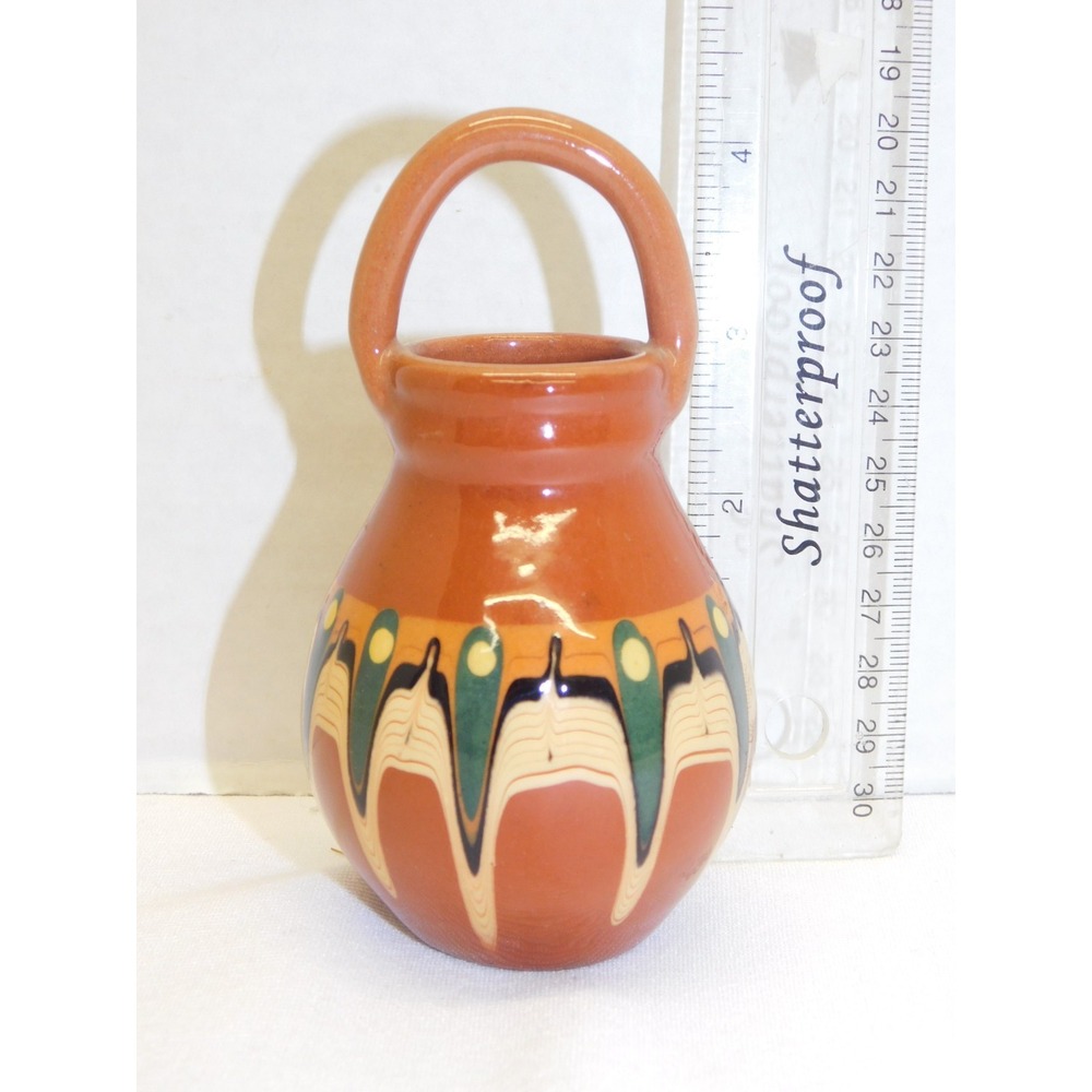 Bulgarian Redware Pottery Vase 4" Tall Drip Glaze